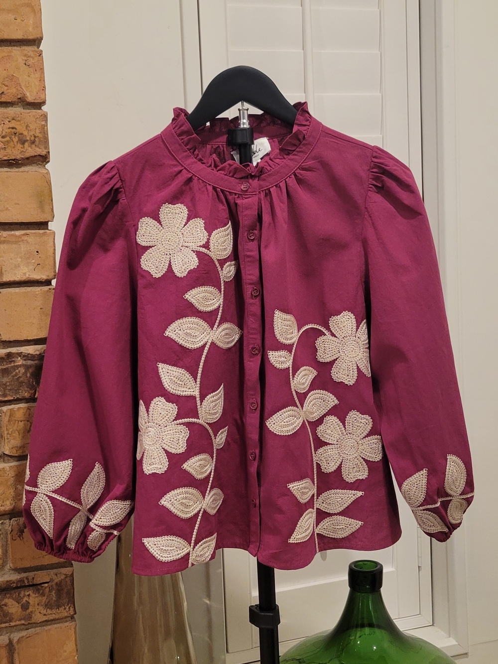 Able Magenta Button-Front Blouse with Cream Floral Embroidery